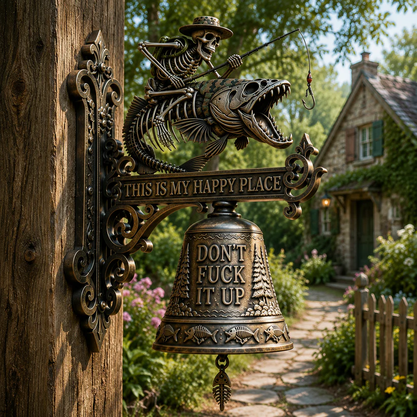 Metal Skeleton Fisherman Wall Bell -"This Is My Happy Place"Outdoor Decor