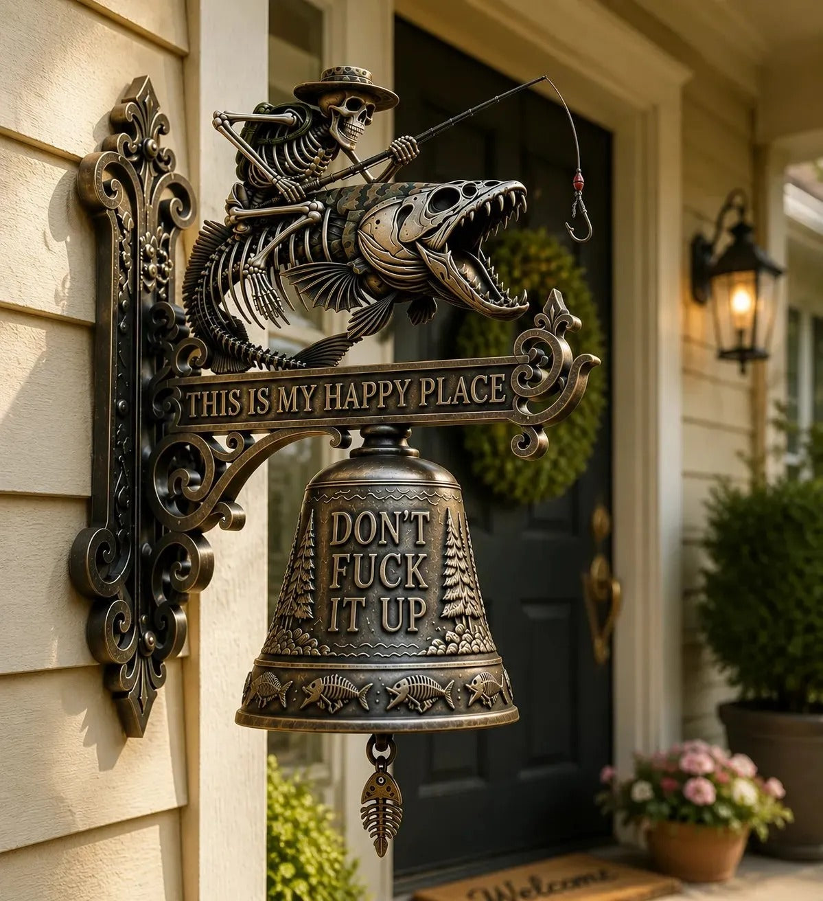 Metal Skeleton Fisherman Wall Bell -"This Is My Happy Place"Outdoor Decor