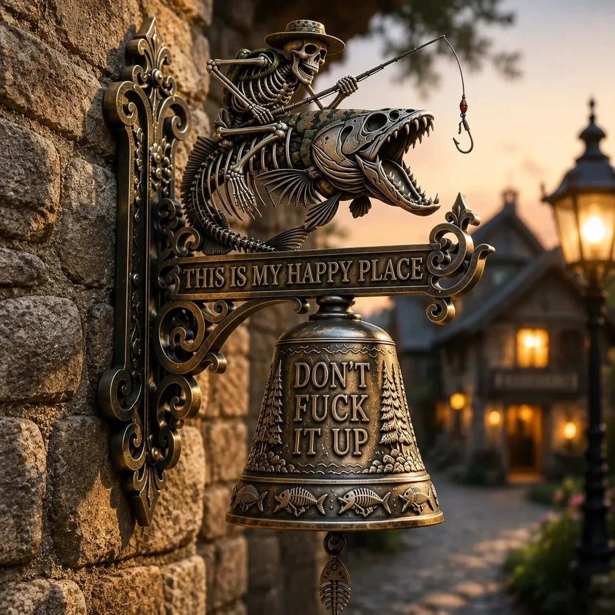 Metal Skeleton Fisherman Wall Bell -"This Is My Happy Place"Outdoor Decor