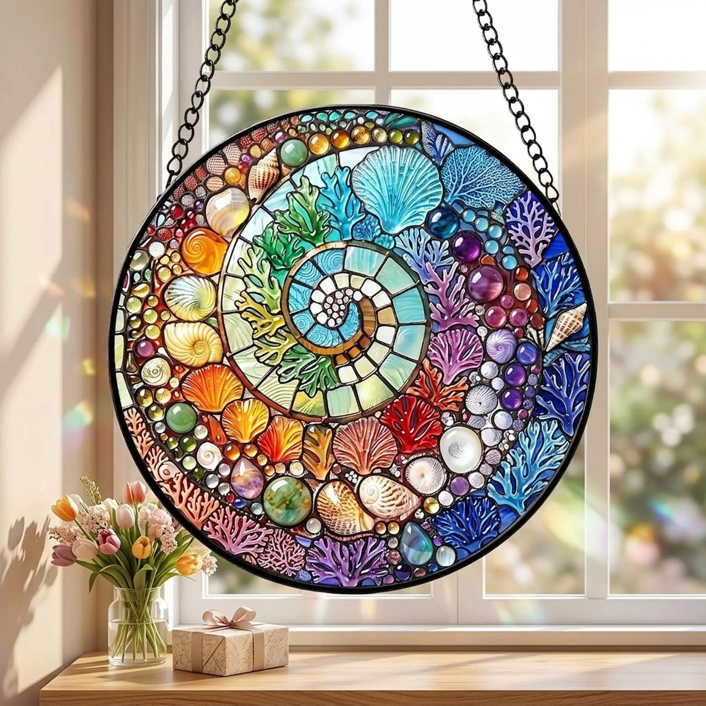 🌀 Spiral Seashell Mosaic 3D Stained Glass Suncatcher——For Mom, Grandma & Best Friends