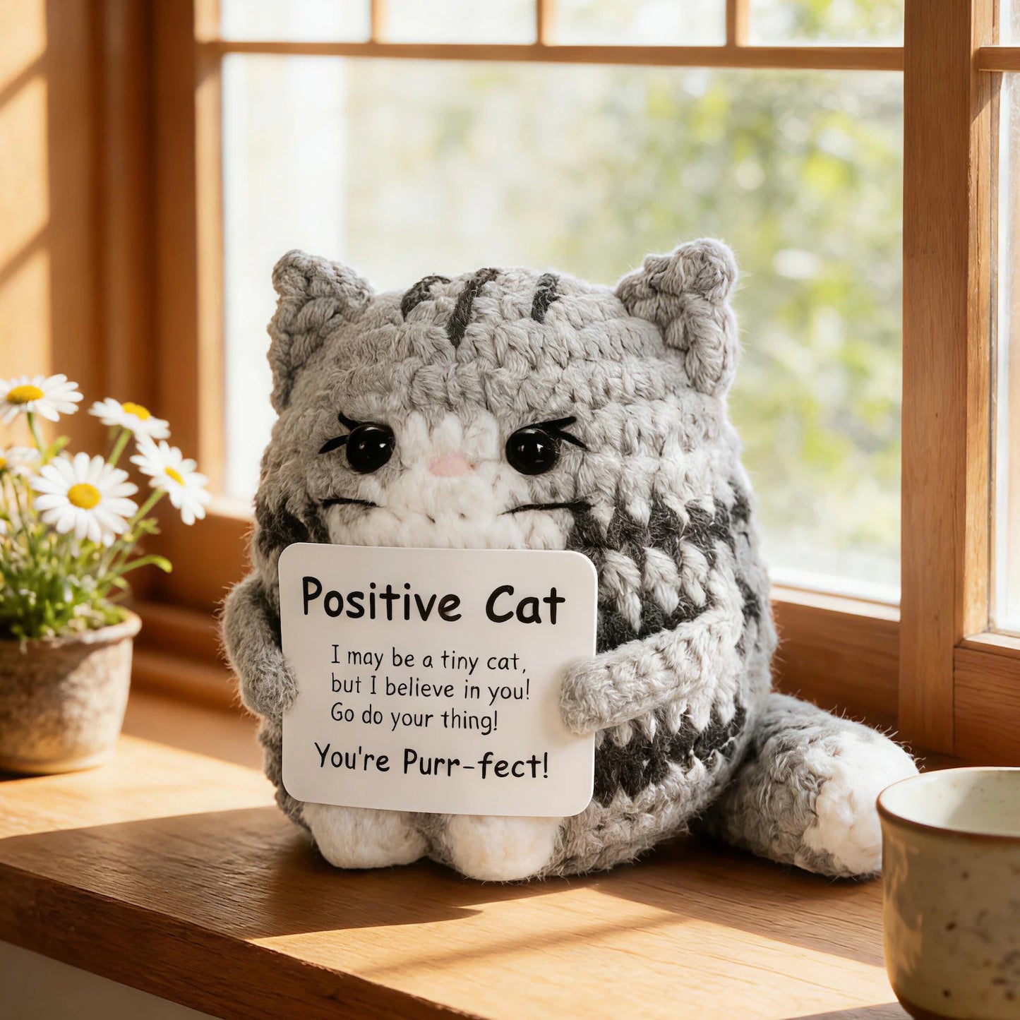 Handmade Crochet Cat with Positive Sign – For Friends, Coworkers & Cat Lovers