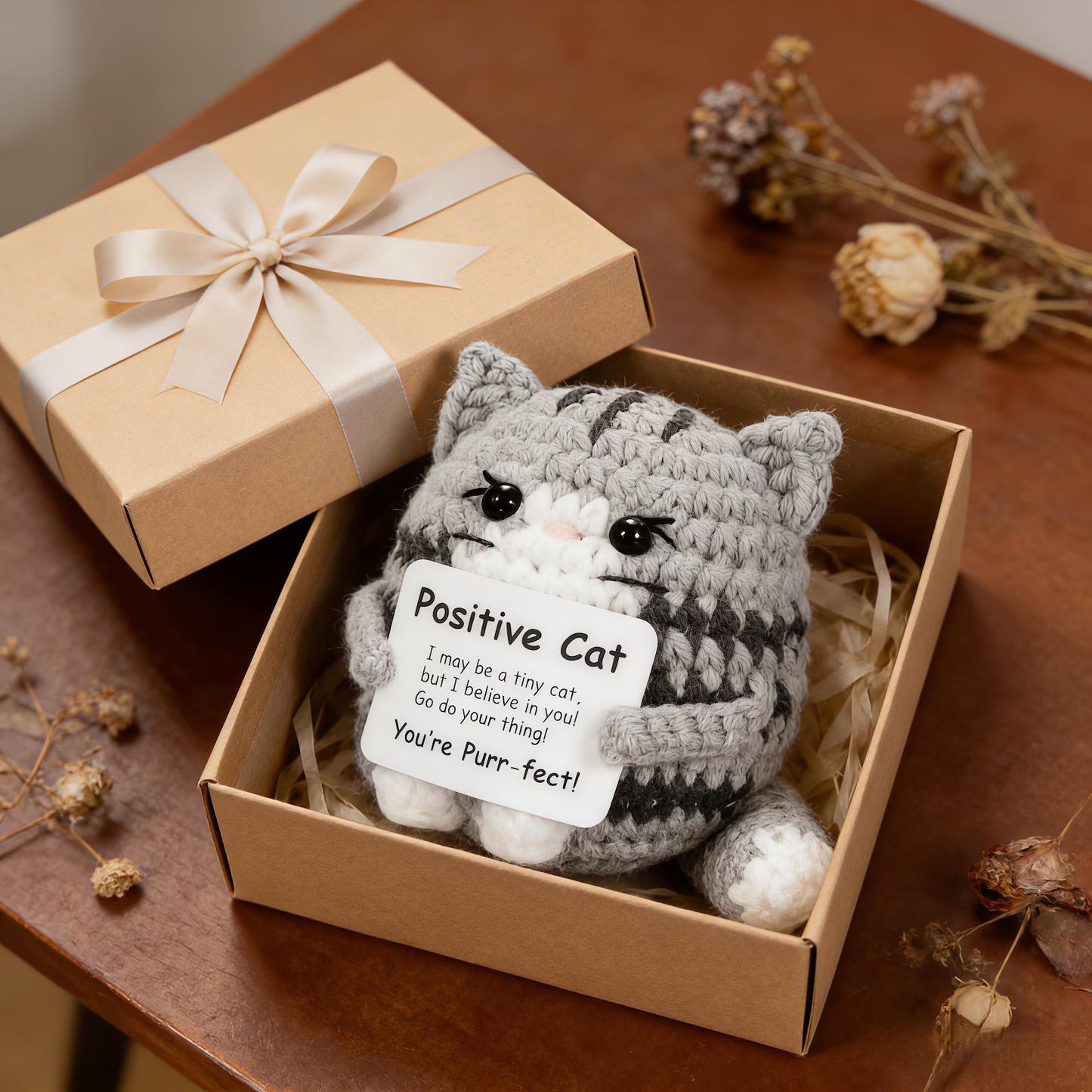 Handmade Crochet Cat with Positive Sign – For Friends, Coworkers & Cat Lovers