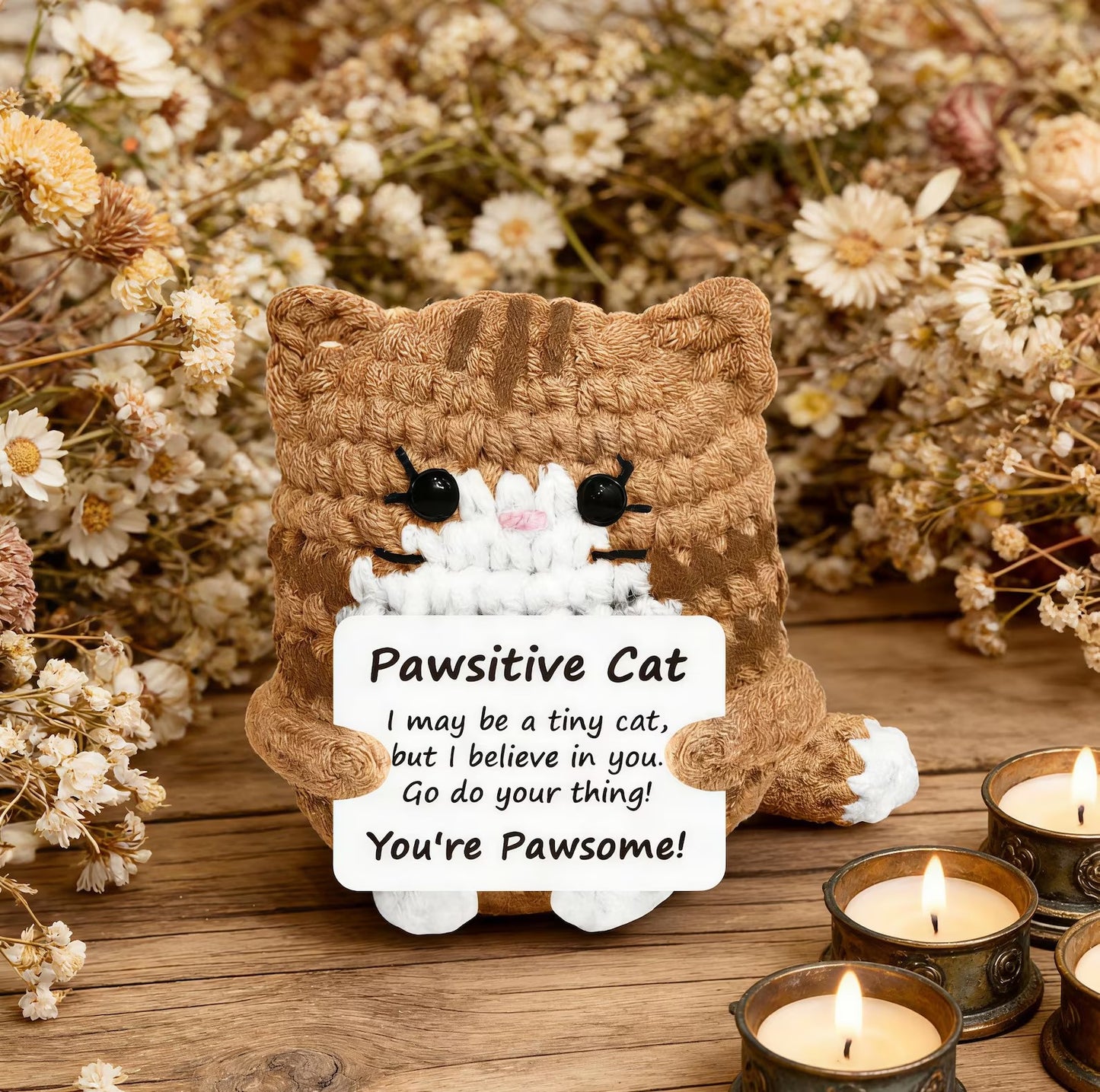 Handmade Crochet Cat with Positive Sign – For Friends, Coworkers & Cat Lovers