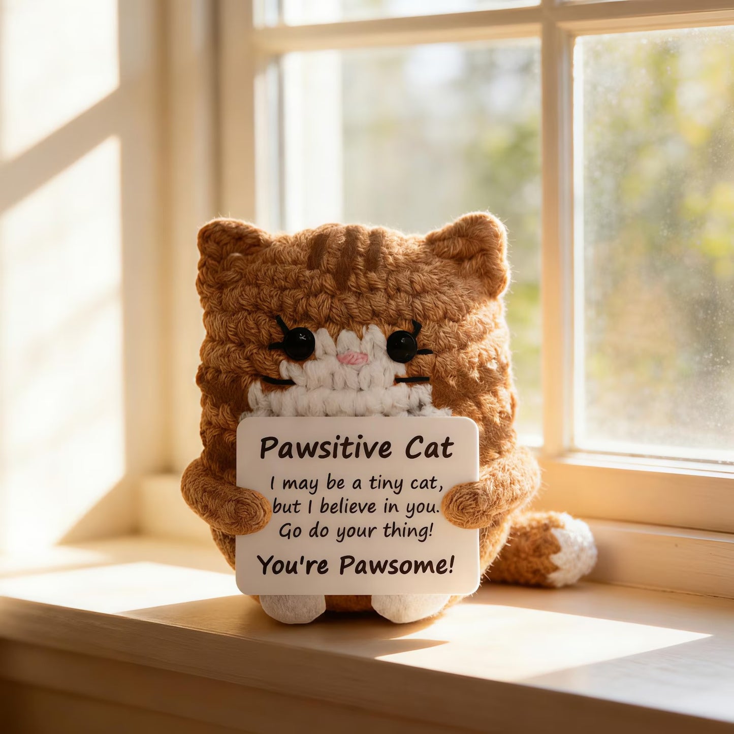 Handmade Crochet Cat with Positive Sign – For Friends, Coworkers & Cat Lovers