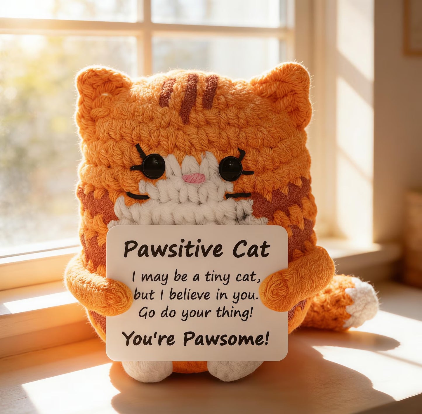 Handmade Crochet Cat with Positive Sign – For Friends, Coworkers & Cat Lovers
