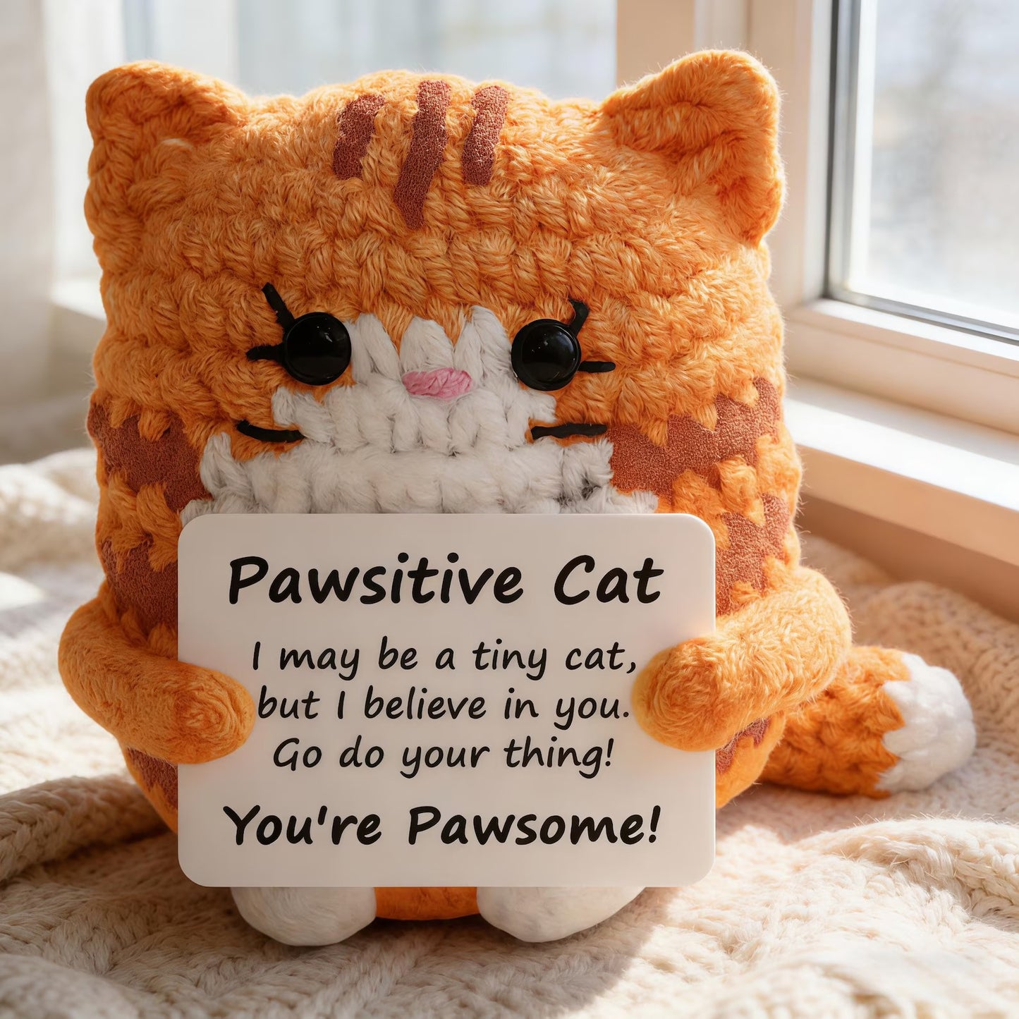 Handmade Crochet Cat with Positive Sign – For Friends, Coworkers & Cat Lovers