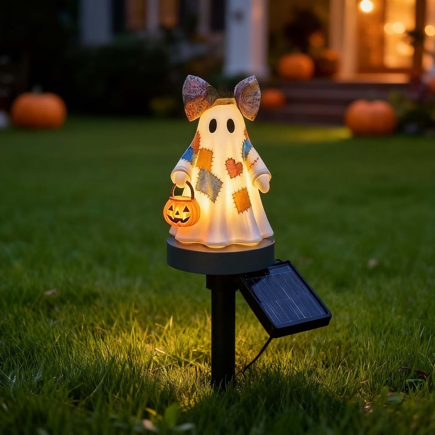 👻 Patchwork Ghost Solar Garden Stake Light ——For Halloween Yard Decor