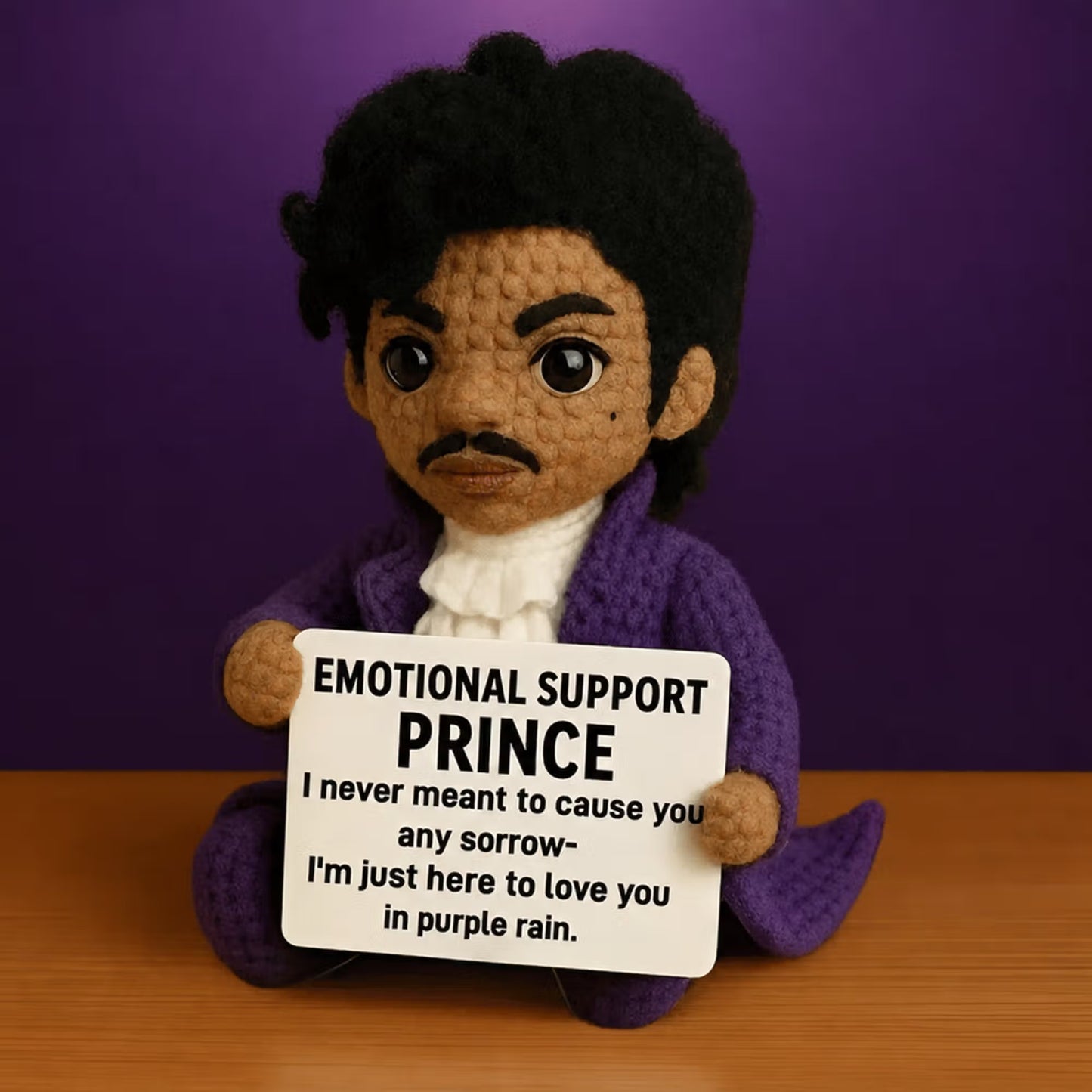 Emotional Support Prince Crochet Doll – Purple Rain Themed Handmade Plush