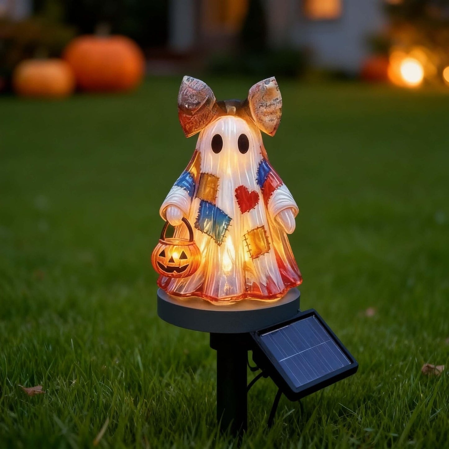 👻 Patchwork Ghost Solar Garden Stake Light ——For Halloween Yard Decor