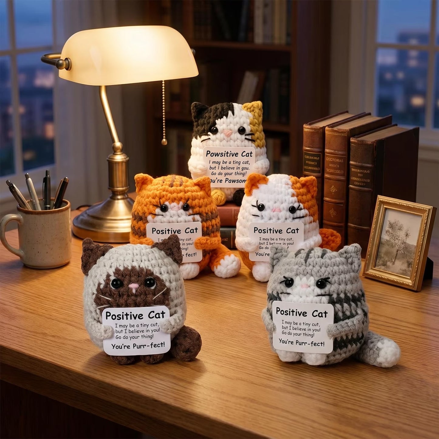 Handmade Crochet Cat with Positive Sign – For Friends, Coworkers & Cat Lovers