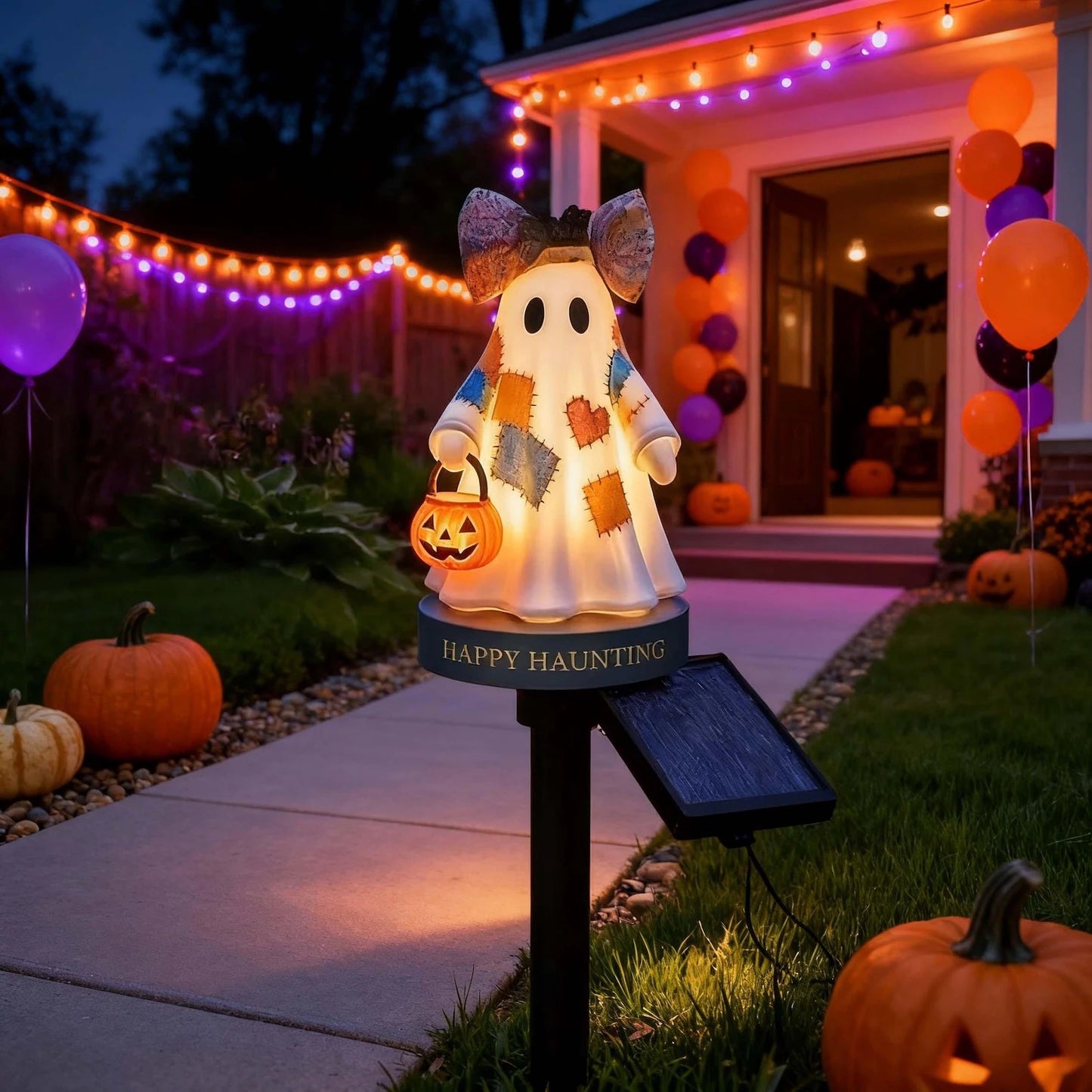 👻 Patchwork Ghost Solar Garden Stake Light ——For Halloween Yard Decor