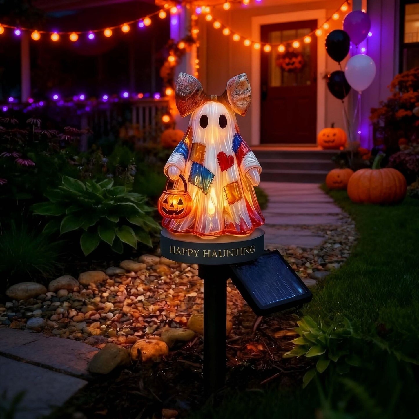 👻 Patchwork Ghost Solar Garden Stake Light ——For Halloween Yard Decor