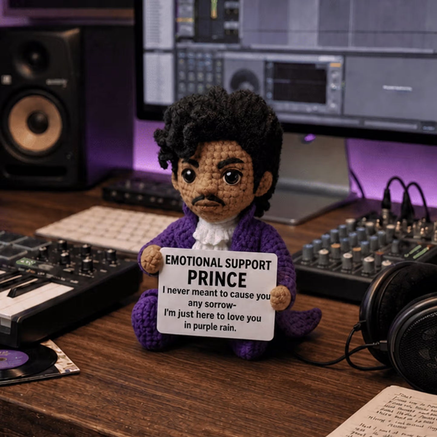Emotional Support Prince Crochet Doll – Purple Rain Themed Handmade Plush