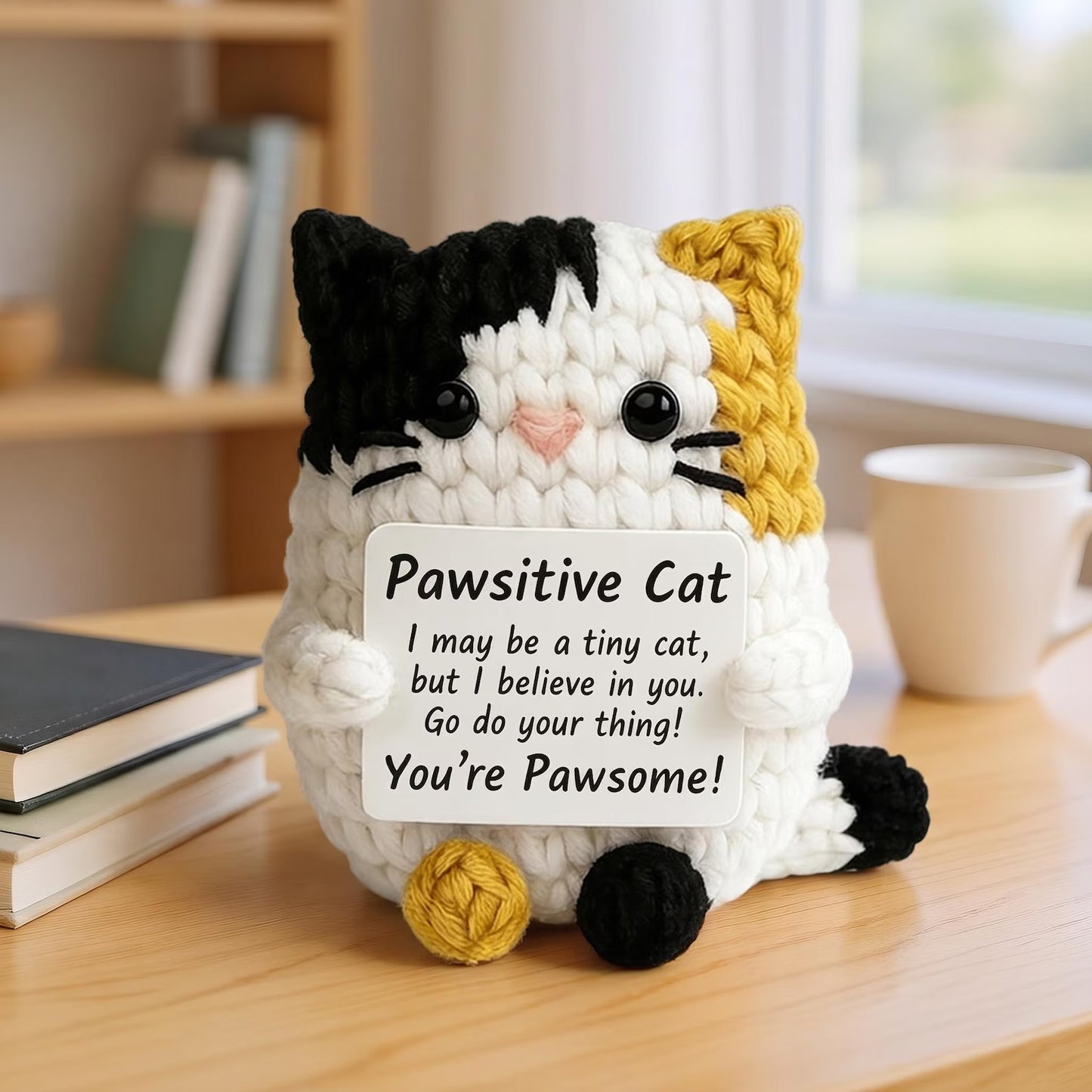 Handmade Crochet Cat with Positive Sign – For Friends, Coworkers & Cat Lovers