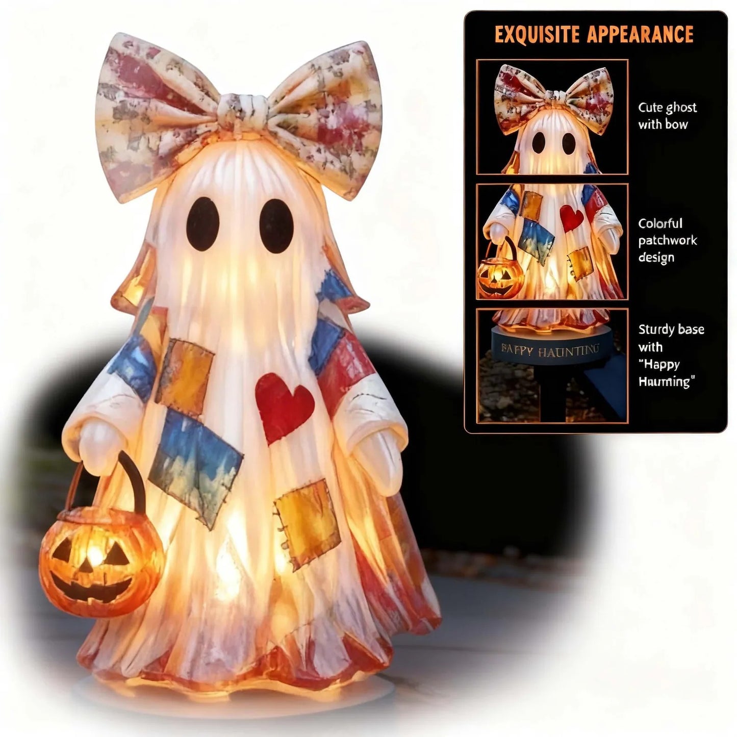 👻 Patchwork Ghost Solar Garden Stake Light ——For Halloween Yard Decor