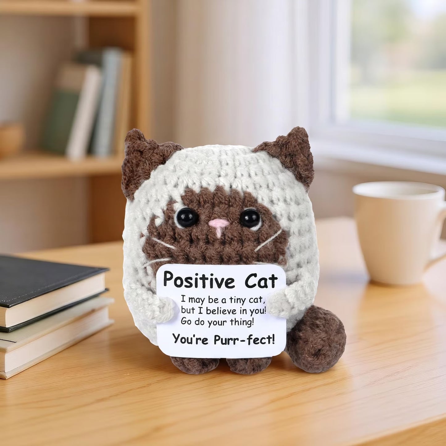 Handmade Crochet Cat with Positive Sign – For Friends, Coworkers & Cat Lovers