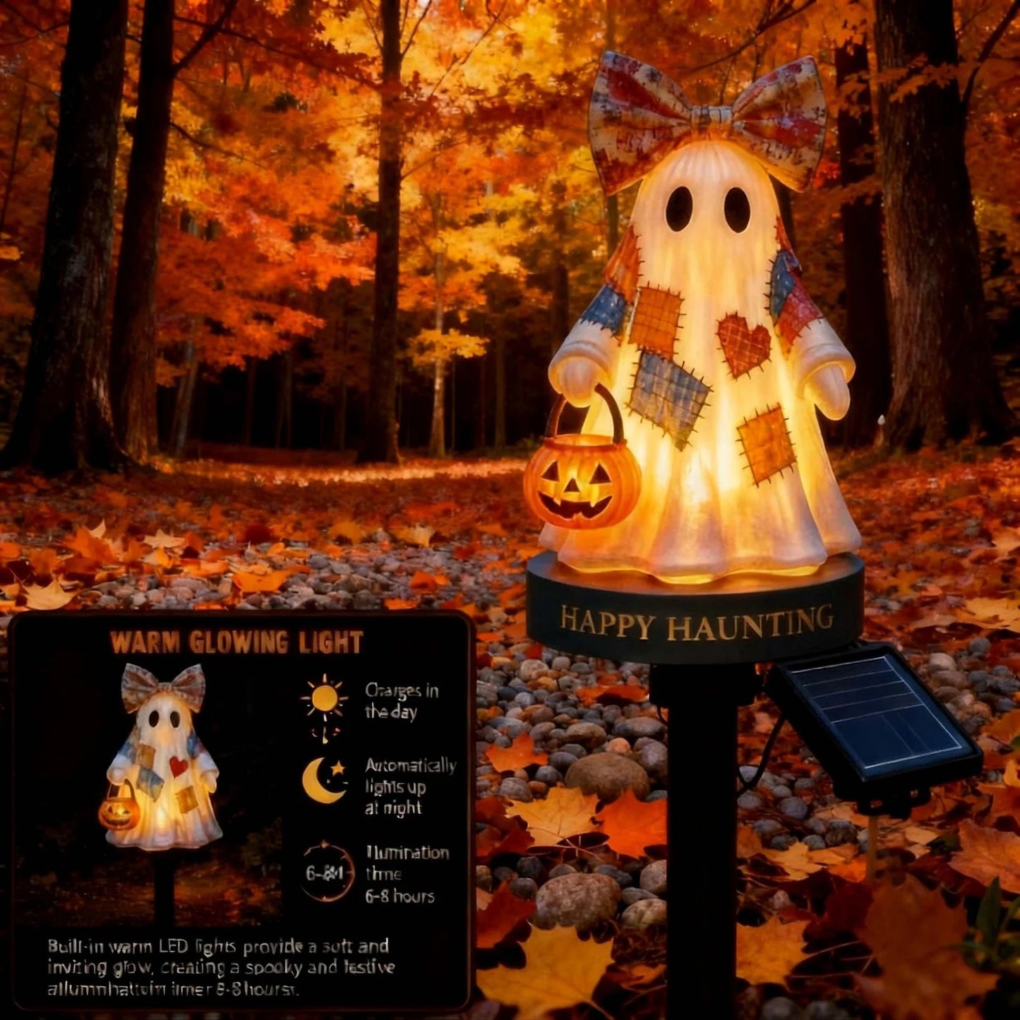 👻 Patchwork Ghost Solar Garden Stake Light ——For Halloween Yard Decor