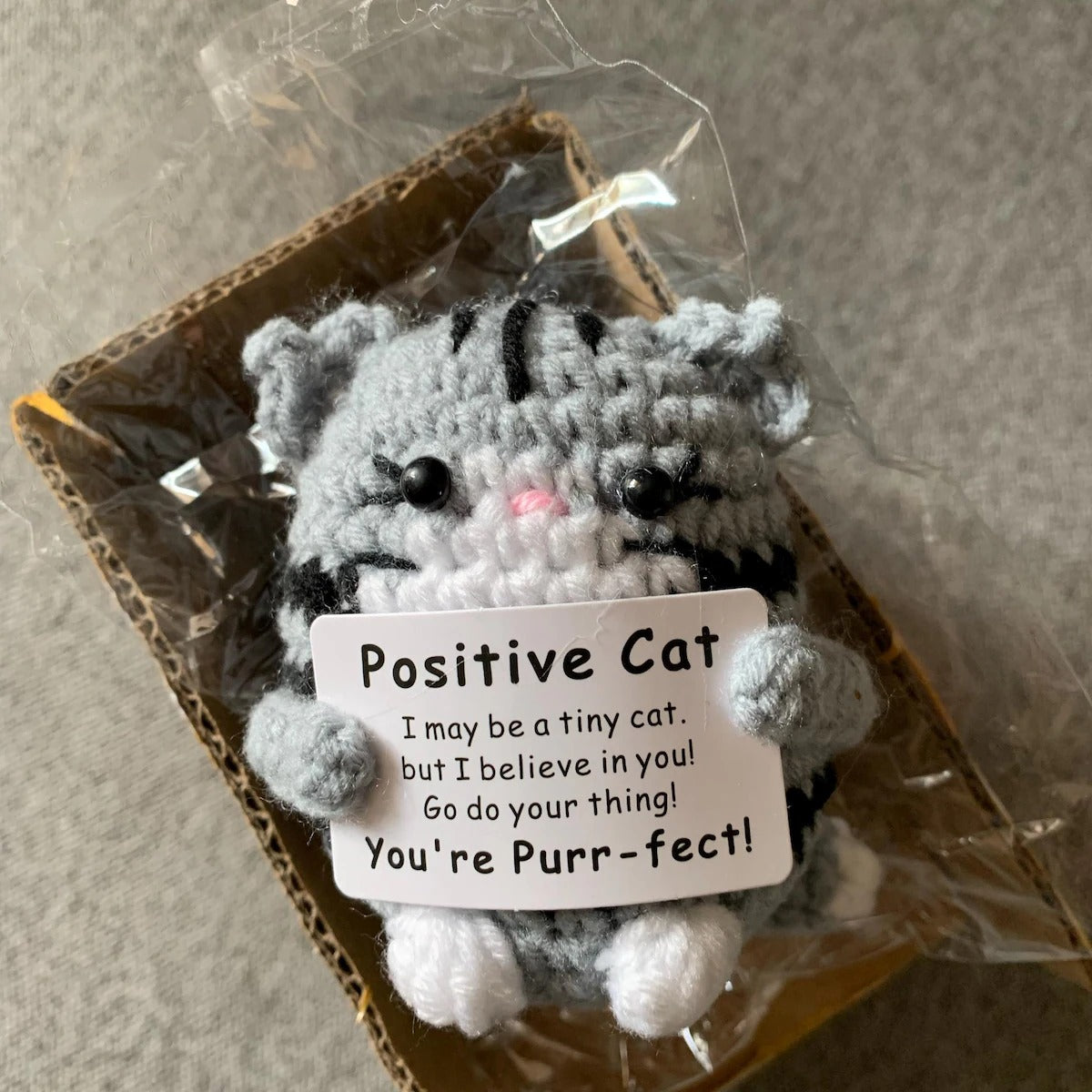 Handmade Crochet Cat with Positive Sign – For Friends, Coworkers & Cat Lovers