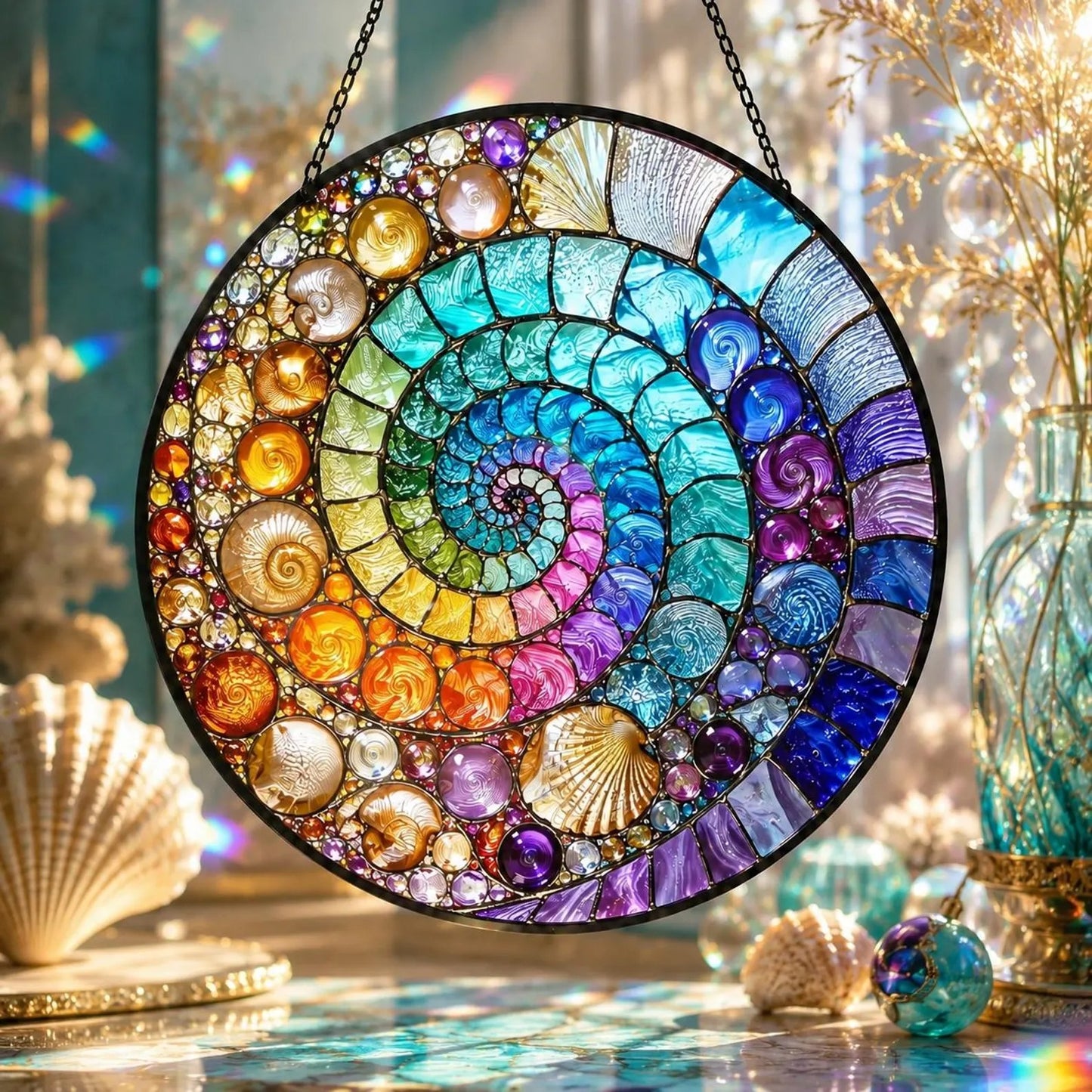 🌀 Spiral Seashell Mosaic 3D Stained Glass Suncatcher——For Mom, Grandma & Best Friends
